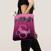 Donker Roze Zwart Glitter Monogram Moderne Luxe Tote Bag (Dichtbij)