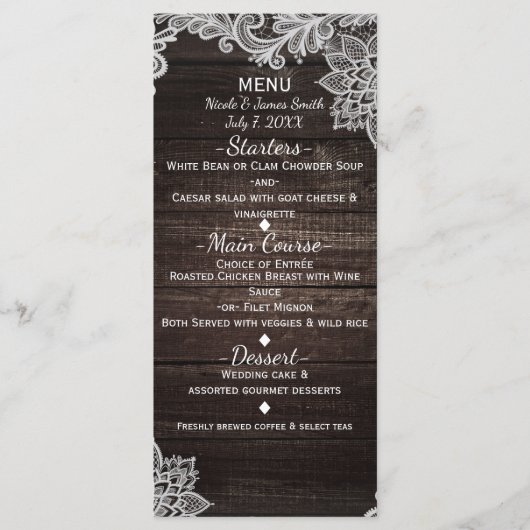Donker Rustiek Hout & Elegante Kant Trouwmenu Menu (Voorkant)