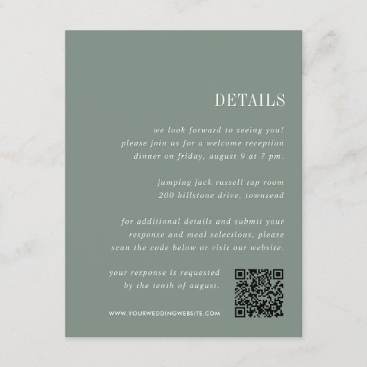 Donker Sage Groen | Alles-in-één bruiloft Details Informatiekaartje (Voorkant)