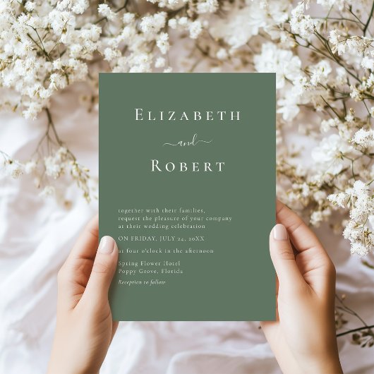Donker Sage Groen Minimalistisch Script Wedding Kaart