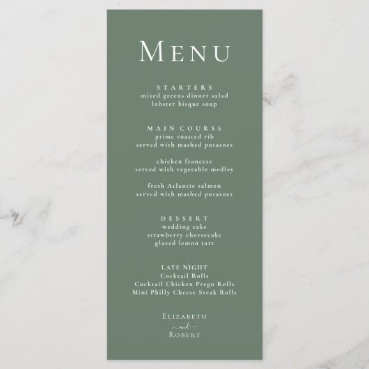 Donker Sage Groen Modern Minimalistisch Trouwmenu Menu (Voorkant)