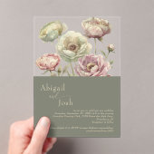 Donker Sage Roze & Sage Bloemen pioenen Acryl Acryl Uitnodigingen (Insitu (Draagbaar))