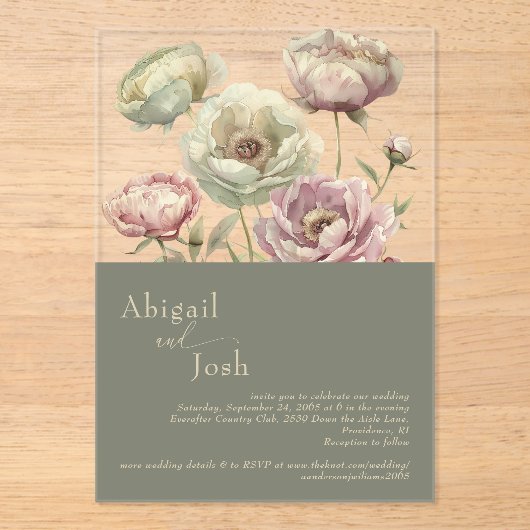 Donker Sage Roze & Sage Bloemen pioenen Acryl Acryl Uitnodigingen (Voorkant)