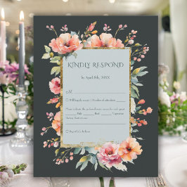 Donker Salie Groen Rustiek Roze Bloemen Monogram RSVP Kaartje