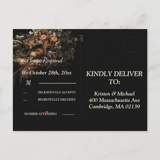 Donker  sinaasappel Bloemen RSVP Invitation Uitnodiging Briefkaart (Achterkant)