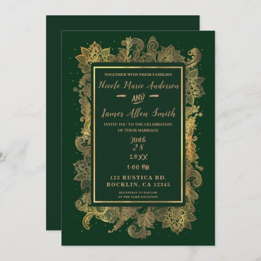 Donker smaragdgroen & goud Elegante Bloemen Huweli Kaart (Voorkant / Achterkant)