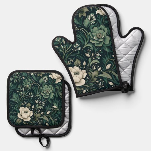 Donker smaragdgroene bloem ovenwant & pannenlap set (Voorkant / Achterkant)