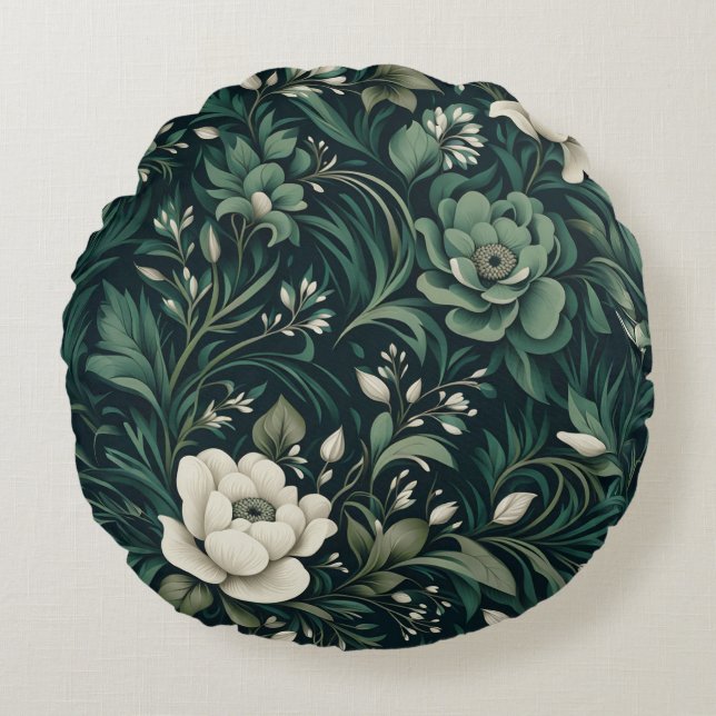 Donker smaragdgroene bloem rond kussen (Voorkant)