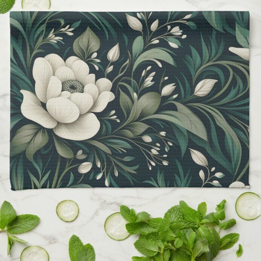 Donker smaragdgroene bloem theedoek (Gevouwen)