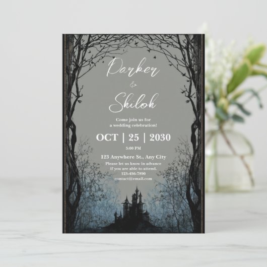 Donker Sprookjesbos bruiloft uitnodiging (Staand voorkant)