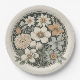 Donker Stemmig Bloemmotief met Botanische Patronen Papieren Bordje