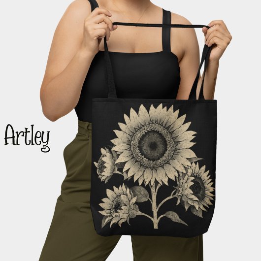 Donker  Stijl Zwart Wit Zonnebloem Botanisch Tote Bag