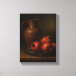 Donker stilleven met granaatappels en kruik canvas afdruk