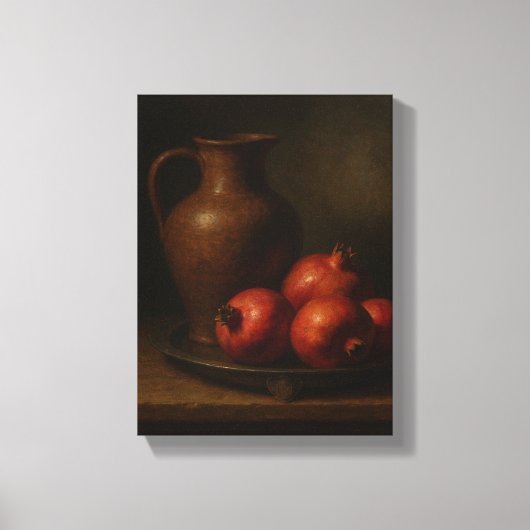 Donker stilleven met granaatappels en kruik canvas afdruk (Voorkant)
