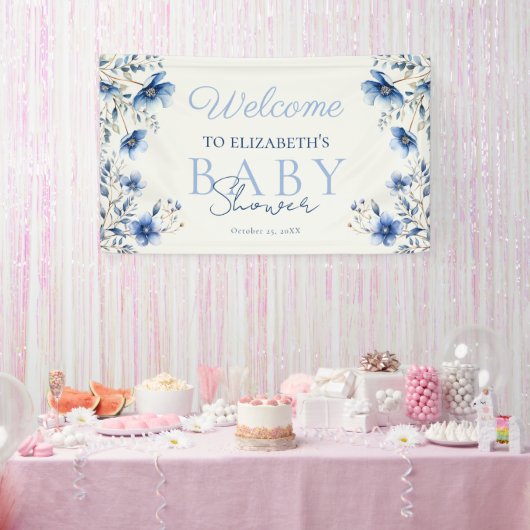 Donker & Stoffig Blauw Wildbloemen Baby shower Wec Spandoek (Feest)