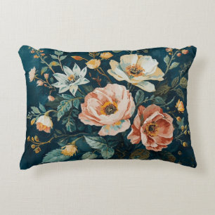 Donker Teal Blauw Oranje Vintage Cottagecore Bloem Accent Kussen