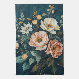 Donker Teal Blauw Oranje Vintage Cottagecore Bloem Theedoek