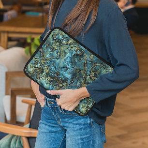 Donker Teal Blauw Turquoise Nep Goud Agate Patroon Laptop Sleeve