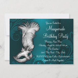 Donker Teal Blauwe Veer Masker Maskerade Feest Kaart