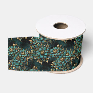 Donker Teal en Antiek Goud Luxe Bloemmotief Grosgrain Lint