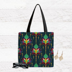 Donker Teal en Gouden Art Deco Bloemornament Tote Bag