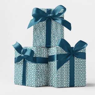 Donker Teal en Wit Griekse Sleutelpatroon Cadeaupapier