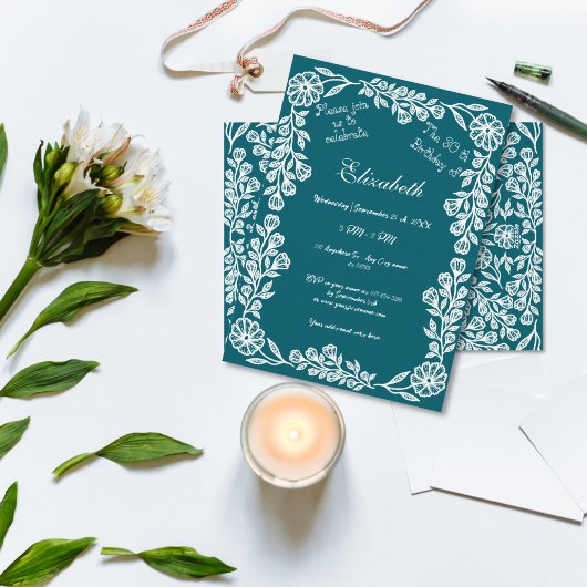 Donker Teal en Witte Botanische Bloem 30e Verjaard Kaart