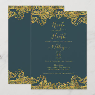 Donker Teal & Gouden Kant Elegante Trouw  Kaart