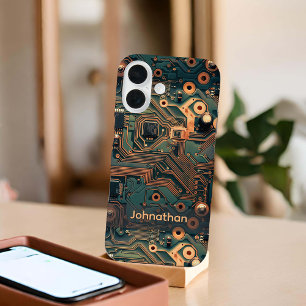 Donker Teal Gouden Printplaat Custom iPhone 16 Hoesje