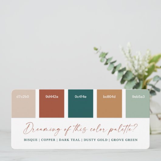 Donker Teal & Koper 2021 Huwelijk Kleurenpalet Kaa Kaart (Staand voorkant)