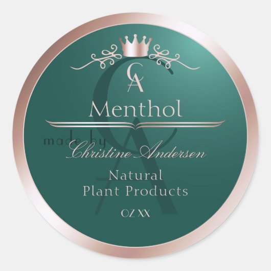 Donker Teal Productlabel Rose Goud Frame Monogram Ronde Sticker (Voorkant)