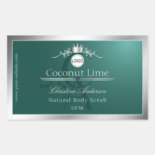 Donker Teal Productlabel Zilveren Frame Logo Monog Rechthoekige Sticker