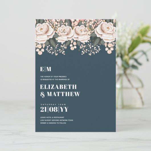 Donker Teal Roze Bloemige Bruiloft Kaart (Staand voorkant)