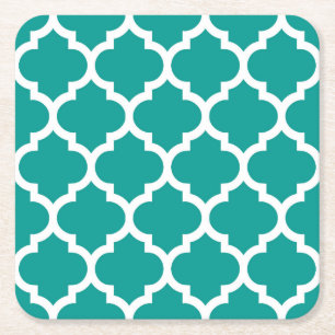 Donker Teal Witte Marokkaanse Quatrefoil Patroon # Kartonnen Onderzetters