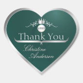 Donker Teal Zilveren Frame Logo en Monogram Bedank Hart Sticker (Voorkant)