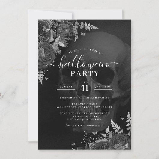 Donker Thema Schedel Bloemen Halloween Party Kaart (Voorkant)