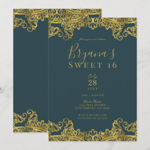 Donker Turkoois & Gouden Kant Elegant Sweet 16 Fee Kaart