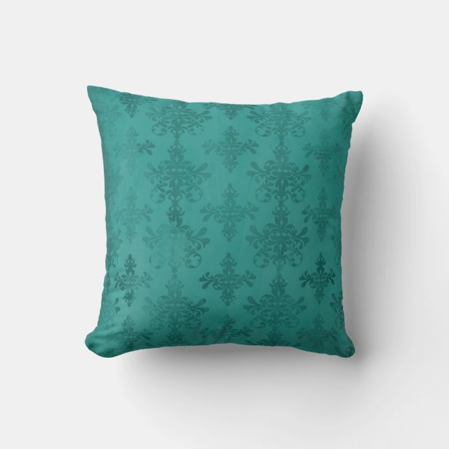 donker turquoise blauw groen gedecoreerd damast kussen (Voorkant)