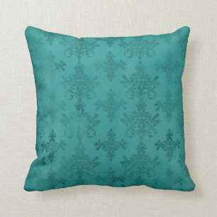 donker turquoise blauw groen gedecoreerd damast kussen