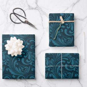 Donker turquoise bloemendamaskerpatroon inpakpapier vel