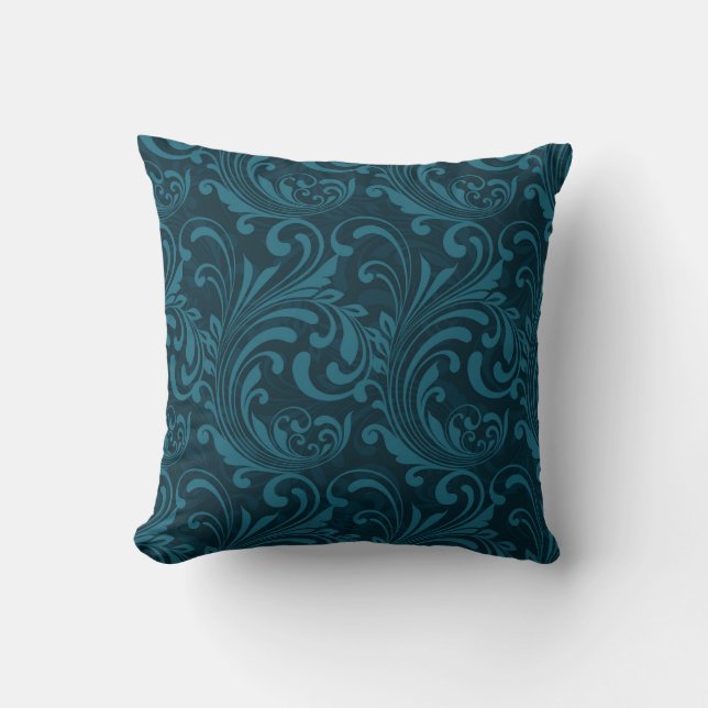 Donker turquoise bloemendamaskerpatroon kussen (Voorkant)