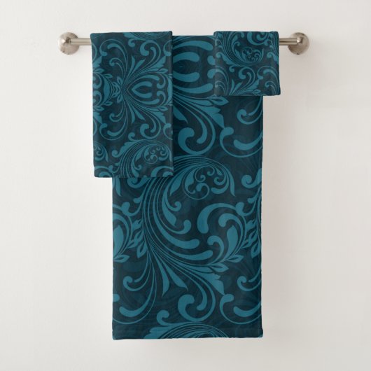 Donker turquoise bloemendamaskpatroon bad handdoek (Insitu)