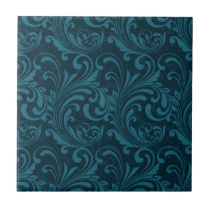 Donker turquoise bloemendamaskpatroon tegeltje