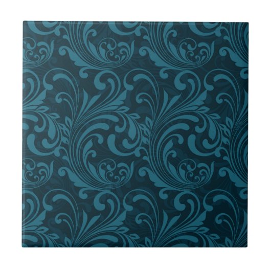 Donker turquoise bloemendamaskpatroon tegeltje (Voorkant)