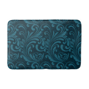 Donker turquoise bloemmotief in damaststijl badmat