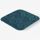 Donker turquoise bloemmotief in damaststijl papieren bordje (Gebogen)