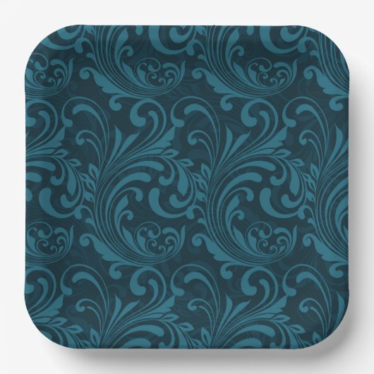 Donker turquoise bloemmotief in damaststijl papieren bordje (Voorkant)