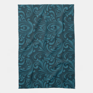 Donker turquoise bloemmotief in damaststijl theedoek