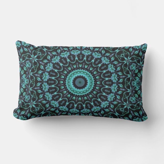 Donker Turquoise Bloemrijke Mandala Buitenkussen (Voorkant)