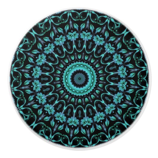 Donker Turquoise Bloemrijke Mandala Keramische Knop (Voorkant)